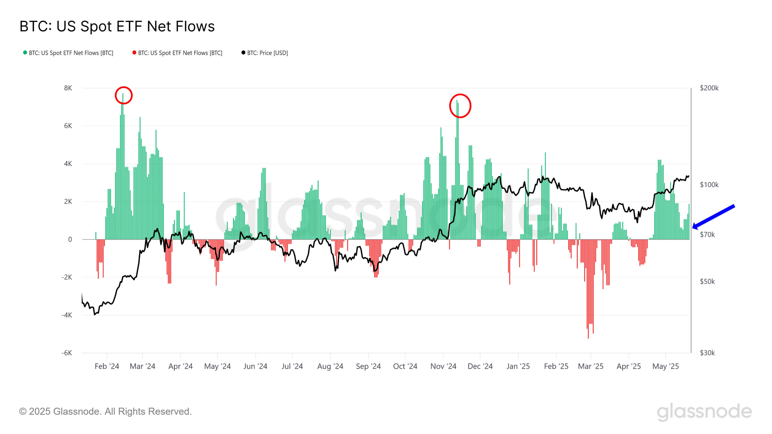 美國現貨比特幣 ETF 淨流量。來源:Glassnode。