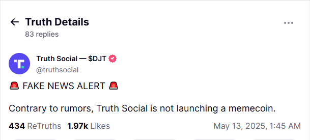 Truth Social 否認迷因幣傳聞