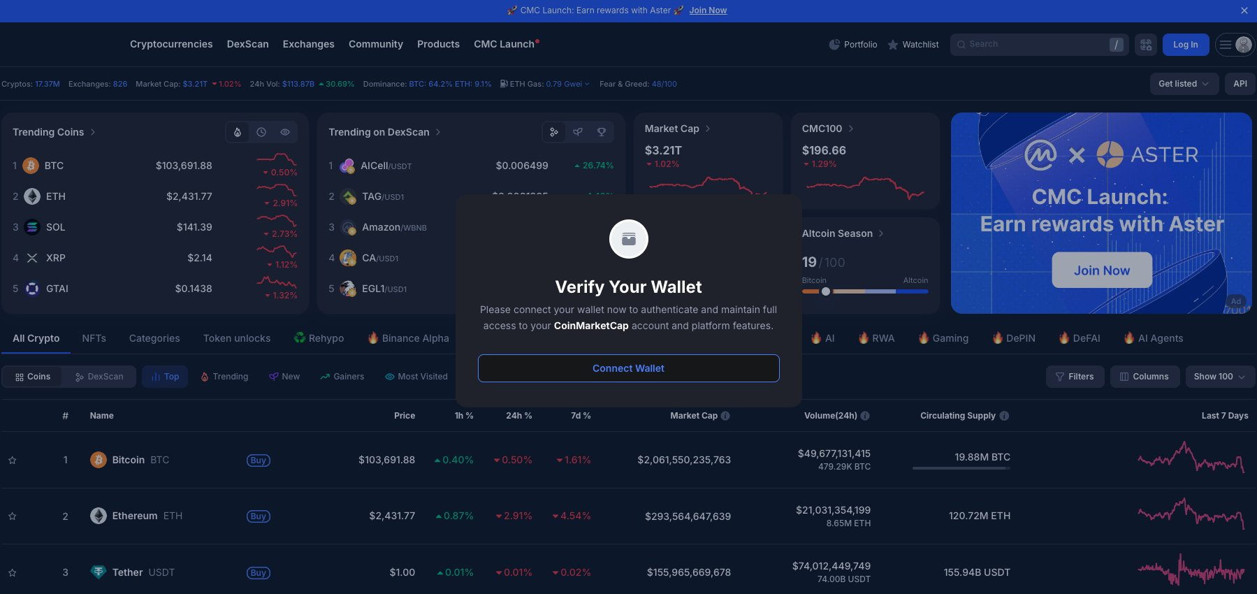CoinMarketCap 首页上的恶意弹窗信息。