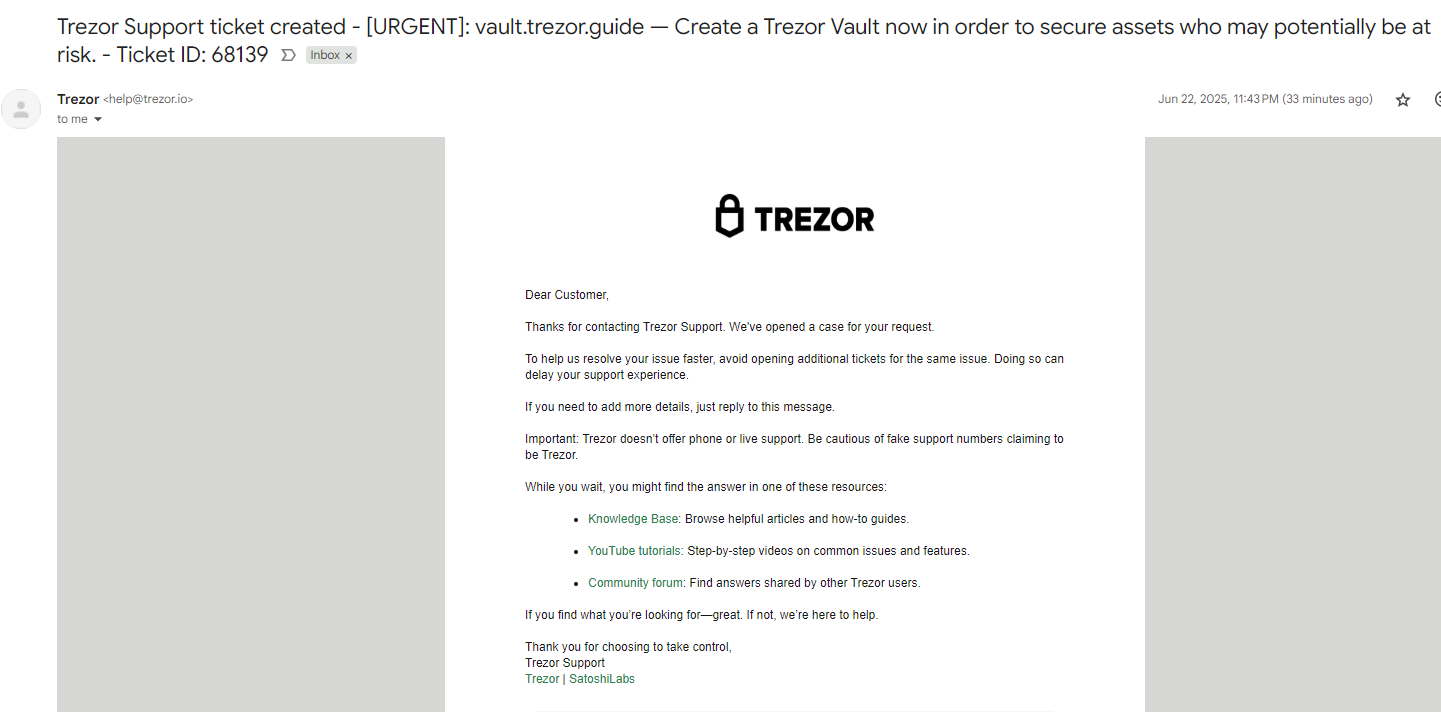 Trezor 钓鱼邮件