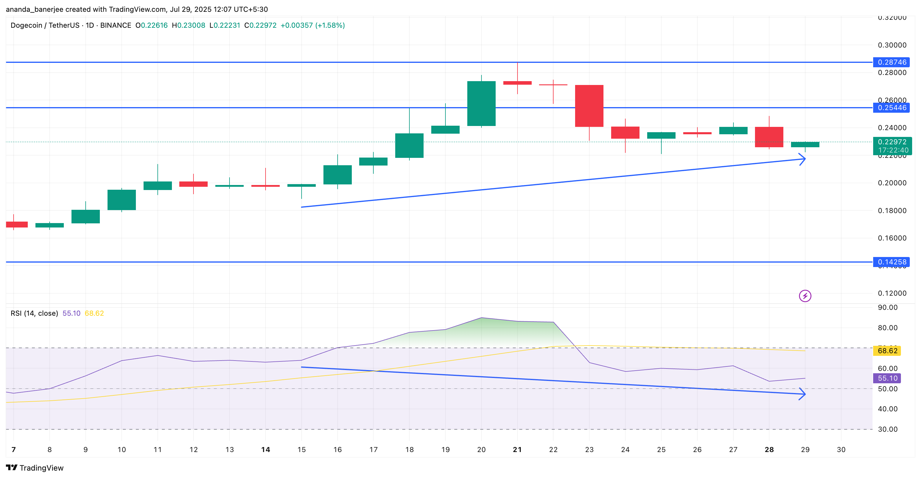 DOGE 价格与 RSI 背离